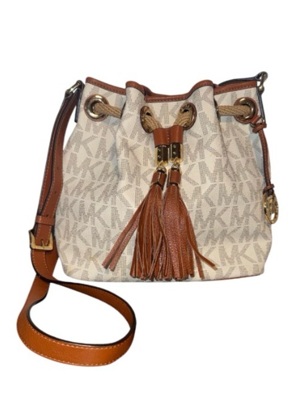 Michael Kors Bucket Bag Vanilla rope drawstring magnetic snap & tassels.